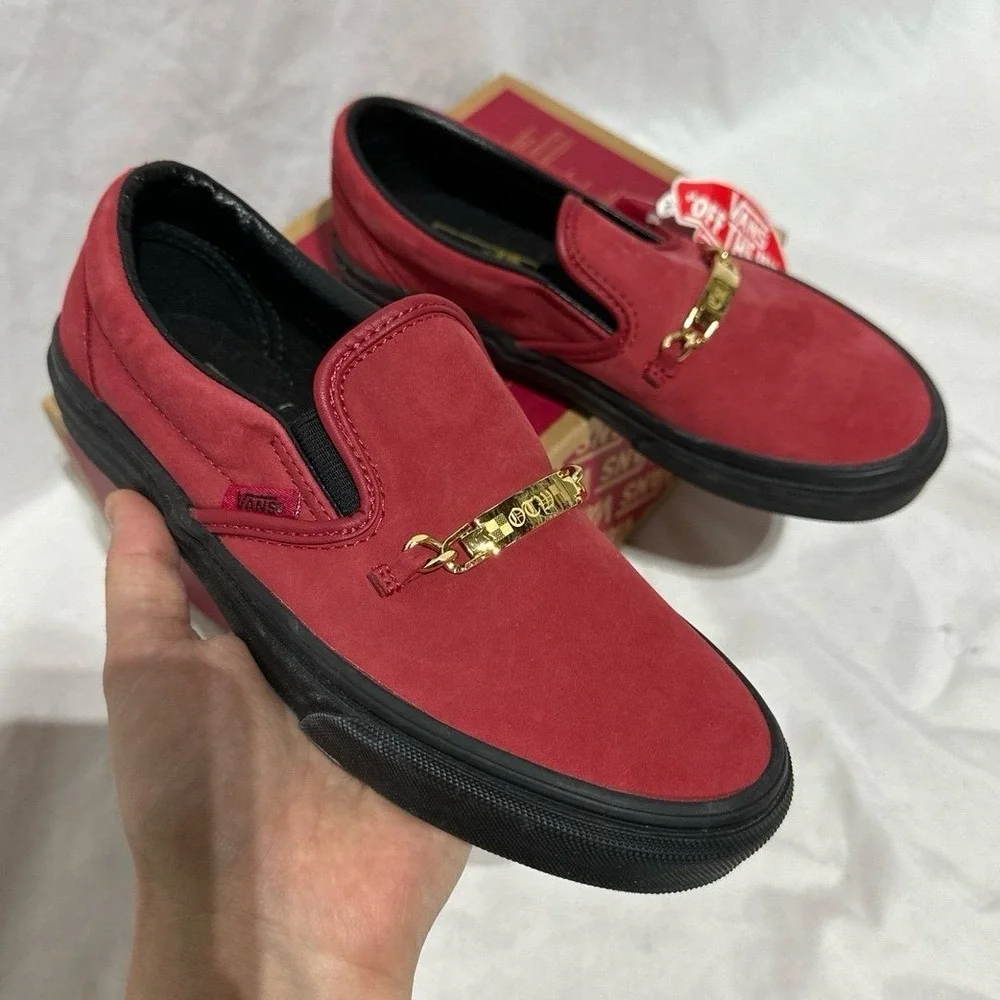 Vans Classic Slip On Old English Gold Embellished Red Hot Chili Pepper Red New